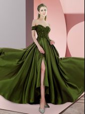 Graceful Olive Green Backless Off The Shoulder Beading Prom Dress Elastic Woven Satin Sleeveless Sweep Train