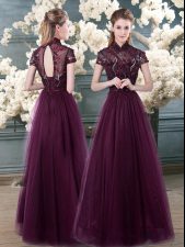 Colorful Beading and Appliques Evening Dress Purple Backless Short Sleeves Floor Length