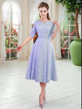 Vintage Blue Zipper Prom Evening Gown Half Sleeves Tea Length Lace