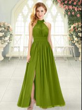  Olive Green Zipper Prom Gown Ruching Sleeveless Ankle Length