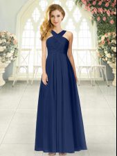  Navy Blue Empire Straps Sleeveless Chiffon Floor Length Zipper Ruching Prom Gown