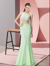 Stunning Floor Length Apple Green Prom Party Dress Lace Sleeveless Beading and Lace