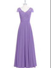 Great Lavender Zipper Scalloped Lace Prom Evening Gown Chiffon Cap Sleeves
