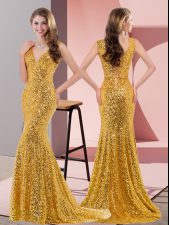  Gold Sleeveless Sequined Sweep Train Lace Up Prom Gown for Prom and Party and Military Ball