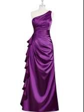 Chic Purple Elastic Woven Satin Side Zipper One Shoulder Sleeveless Floor Length Prom Gown Beading and Ruching and Pleated