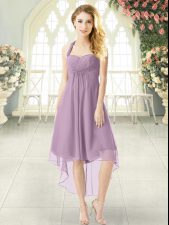 Low Price Purple Chiffon Zipper Halter Top Sleeveless High Low Prom Party Dress Ruching