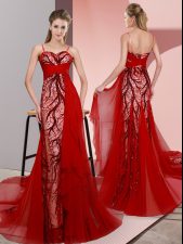 Sophisticated Satin Sleeveless Prom Party Dress Sweep Train and Beading and Lace