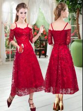  Half Sleeves Tea Length Zipper Prom Party Dress in Red with Lace