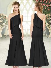 Wonderful Black Column/Sheath Satin One Shoulder Sleeveless Ruching Ankle Length Side Zipper Prom Dress