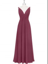  Burgundy Chiffon Backless Prom Party Dress Sleeveless Floor Length Ruching and Pleated