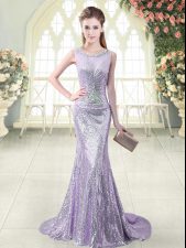 Nice Lavender Sleeveless Brush Train Beading Prom Dress