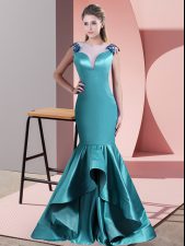 Extravagant Teal Sleeveless Sweep Train Beading and Lace Prom Gown