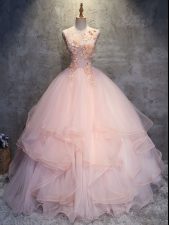 Wonderful Pink Scoop Neckline Appliques and Ruffles Sweet 16 Dresses Sleeveless Lace Up