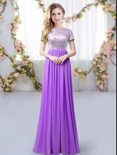 Lovely Floor Length Purple Court Dresses for Sweet 16 Chiffon Short Sleeves Sequins
