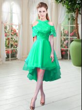  Turquoise A-line Tulle High-neck Short Sleeves Lace High Low Zipper Prom Gown