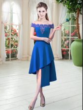 Enchanting Royal Blue A-line Appliques Prom Gown Zipper Satin Sleeveless Asymmetrical