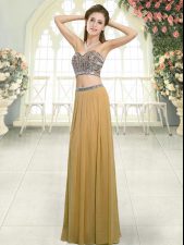  Gold Two Pieces Beading Prom Gown Backless Chiffon Sleeveless Floor Length