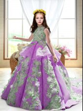 Custom Design Sleeveless Appliques Backless Little Girls Pageant Dress with Lilac Court Train