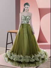  Olive Green Prom Dress Sweetheart Sleeveless Sweep Train Lace Up