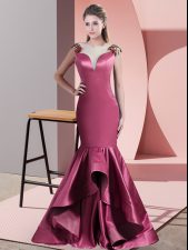 Sumptuous Red Mermaid Scoop Sleeveless Satin Sweep Train Side Zipper Beading and Appliques Prom Dress