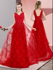  V-neck Sleeveless Sweep Train Lace Up Prom Gown Red Lace