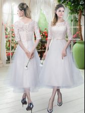  A-line Prom Dresses White Scoop Tulle Half Sleeves Tea Length Lace Up