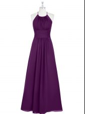 Chic Floor Length Eggplant Purple Dress for Prom Halter Top Sleeveless Zipper