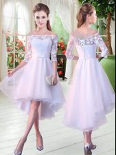 Ideal White Half Sleeves Tulle Lace Up Prom Dresses for Prom and Party