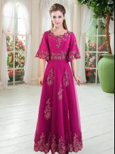  Fuchsia A-line Lace Prom Evening Gown Lace Up Tulle Half Sleeves Floor Length