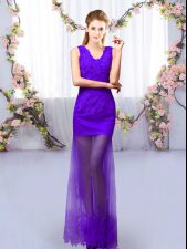 New Style Sleeveless Floor Length Lace Lace Up Quinceanera Court of Honor Dress with Purple