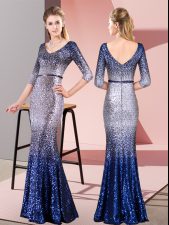 Dazzling Multi-color Mermaid Belt Prom Party Dress Zipper Sequined 3 4 Length Sleeve Floor Length