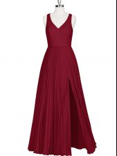 Beautiful A-line Dress for Prom Wine Red V-neck Sleeveless Floor Length Zipper