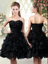 Superior Black Sleeveless Mini Length Beading and Appliques and Ruffles Side Zipper 