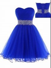 Trendy A-line Prom Dress Royal Blue Sweetheart Tulle Sleeveless Mini Length Lace Up