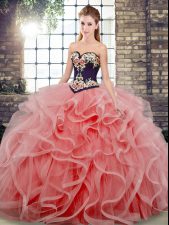  Watermelon Red Quinceanera Gowns Sweetheart Sleeveless Sweep Train Lace Up
