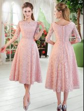Artistic Pink A-line Off The Shoulder Half Sleeves Lace Tea Length Zipper Beading Dress for Prom