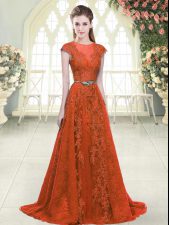 Fancy Orange Homecoming Dress Prom and Party with Beading and Lace Scoop Cap Sleeves Sweep Train Zipper