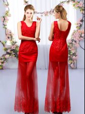 Fashionable Red Sleeveless Lace Floor Length Dama Dress for Quinceanera