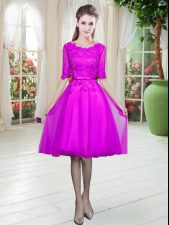  Scoop Half Sleeves Tulle Dress for Prom Lace Lace Up