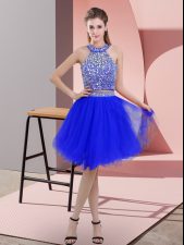 Delicate Royal Blue Two Pieces Halter Top Sleeveless Organza Knee Length Backless Beading Homecoming Dress