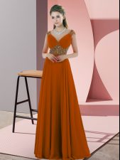 Cheap Floor Length Orange Prom Party Dress V-neck Sleeveless Backless