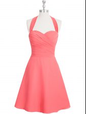Exceptional Watermelon Red A-line Chiffon Halter Top Sleeveless Ruching Mini Length Zipper Prom Party Dress
