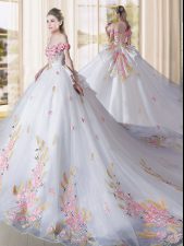Affordable White Sleeveless Tulle Cathedral Train Lace Up Sweet 16 Dresses for Military Ball and Sweet 16 and Quinceanera
