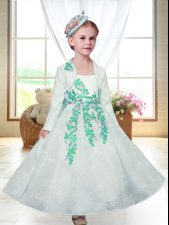 Most Popular White Straps Neckline Embroidery Flower Girl Dress Sleeveless Zipper
