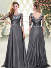 Clearance Grey Dress for Prom Prom and Party and Military Ball with Beading and Lace and Appliques Scalloped Half Sleeves Zipper
