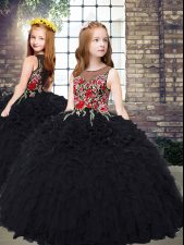 Eye-catching Black Ball Gowns Scoop Sleeveless Organza Floor Length Zipper Embroidery and Ruffles Little Girl Pageant Dress