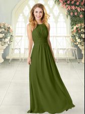 Smart Olive Green Zipper Prom Dresses Ruching Sleeveless Floor Length