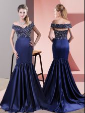  Blue Zipper Prom Party Dress Beading Sleeveless Sweep Train