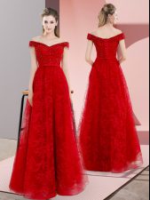 Flare Red Lace Up Beading and Lace Sleeveless Sweep Train