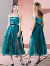  Sleeveless Tea Length Sequins Zipper Homecoming Dress with Teal 
